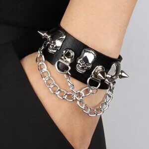 Punk Fashion Skull Nail Chain Spike Faux Black Leather Bracelet Z248